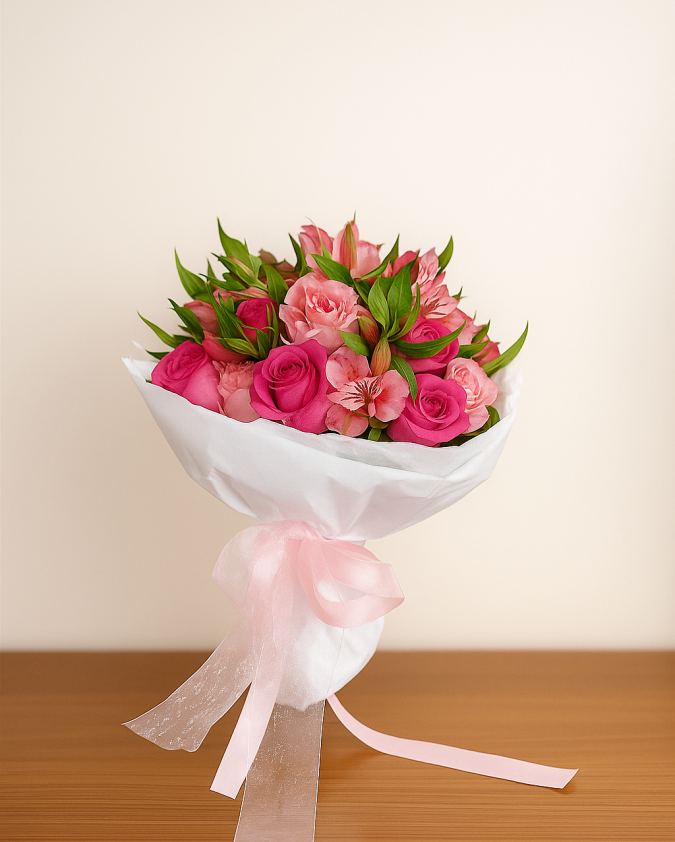 Ramo rosas rosa con papel blanco