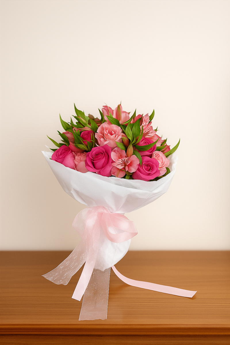 Ramo rosas rosa con papel blanco