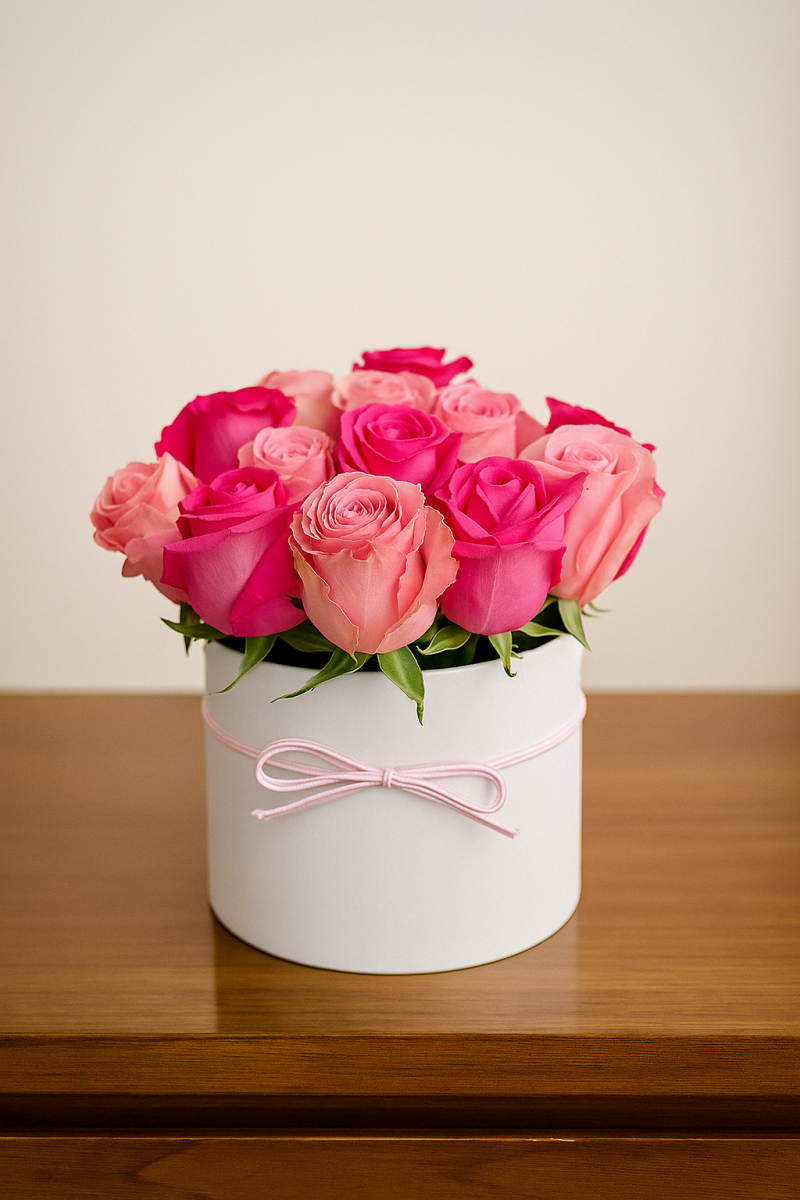 Caja redonda blanca con rosas rosa