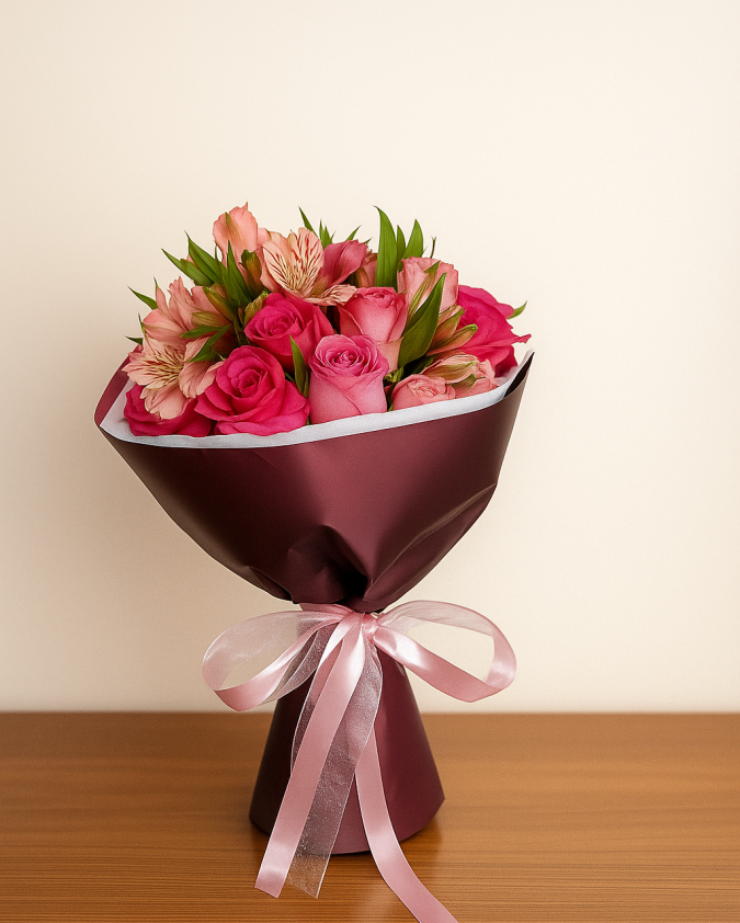 Ramo rosas rosa con papel uva