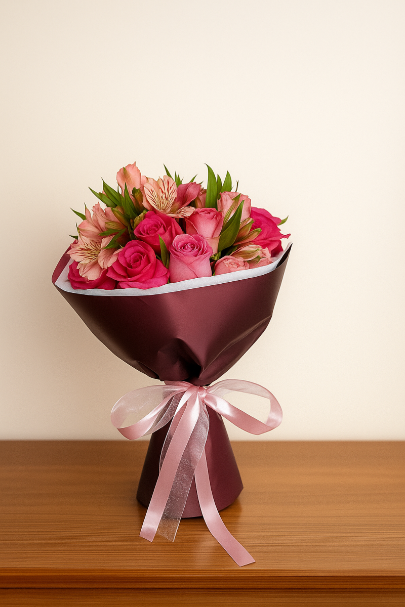 Ramo rosas rosa con papel uva